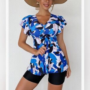 NEW Fanuerg Size 3XL Blue Leaf Print Ruffle Sleeve ‎ Swimsuit Black Shorts